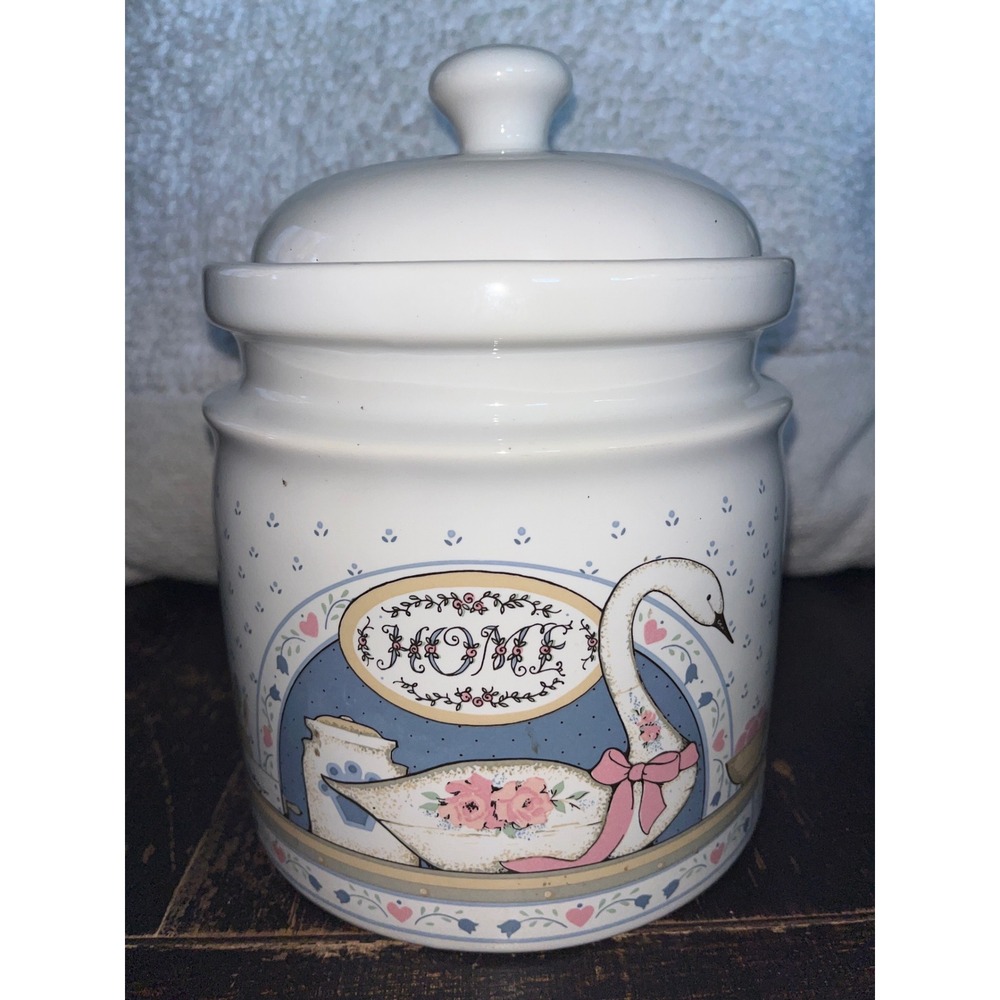 Vintage Home Interiors Swan Ceramic Canister Jar with Lid White Country Decor